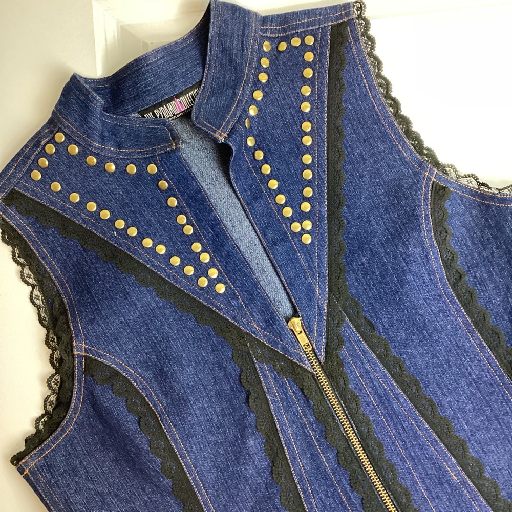 Denim Vest Studded Lace Trim Zip Front Blue Medium The Pyramid Collection
